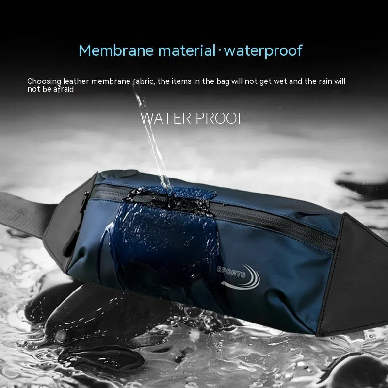 Men's blue waterproof waist bag with crossbody strap for sports activities