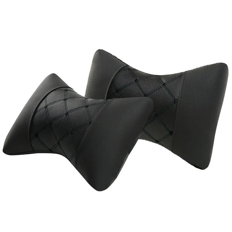 Black quilted artificial leather car headrest pillow with coloured diamond stitching for neck support.
