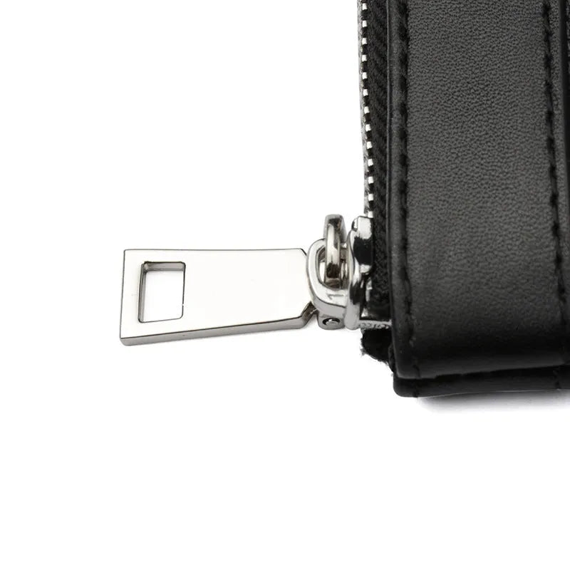 Men's black leather plaid clutch wallet showing 20x10cm dimensions and medium-hardness cowhide texture