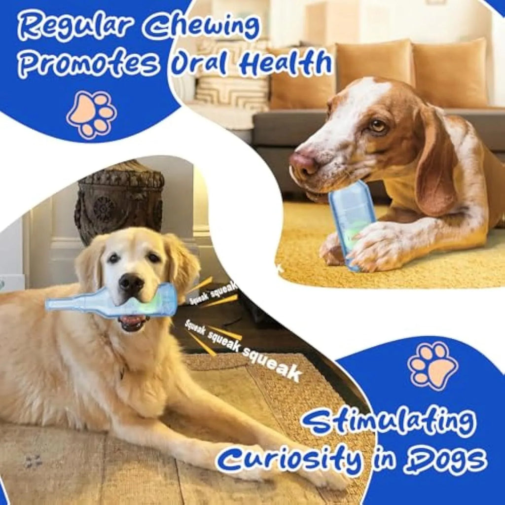 Blue natural rubber dog toy shaped like a water bottle with a squeaker tail.