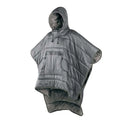 Adult-sized grey outdoor cloak sleeping bag with waterproof nylon exterior shown in wearable cape configuration