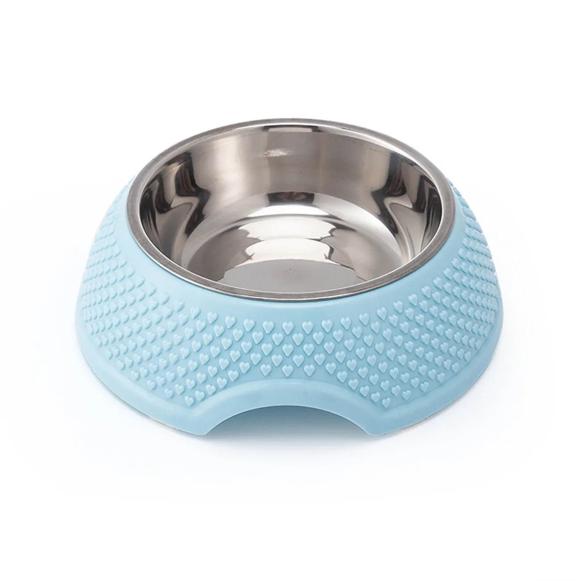 Set of four coloured stainless steel pet bowls with a non-slip base for cats and dogs.