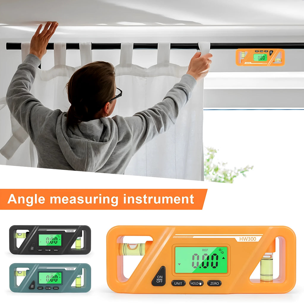 HW300 digital magnetic inclinometer level meter showing angle on display.