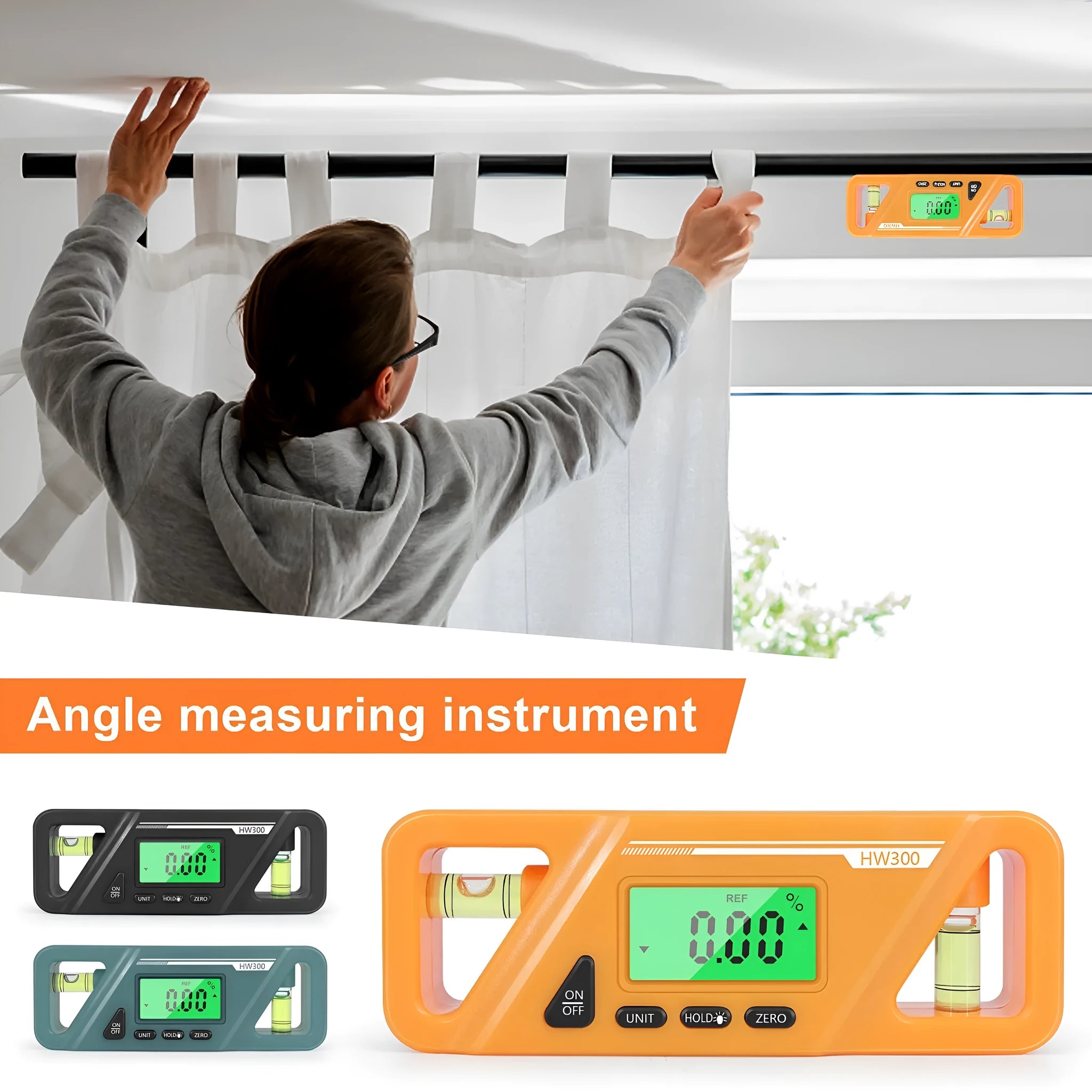 HW300 digital magnetic inclinometer level meter showing angle on display.