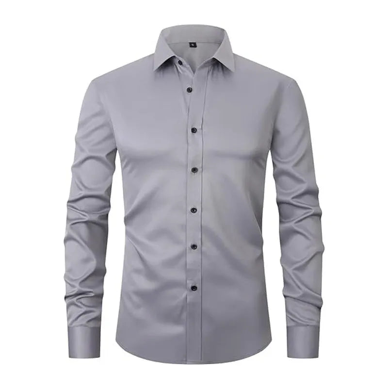Men's stretch long sleeve work shirt in polyester fabric showing front view with size options