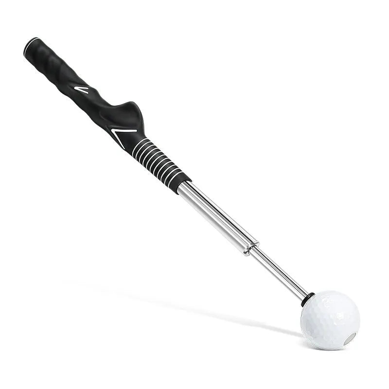 Telescopic golf swing simulator trainer in stainless steel, shown in black, blue, and red colour options.
