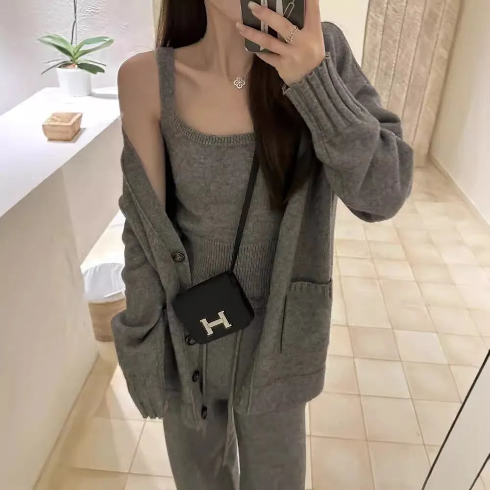 Women's knit three-piece set showing cardigan, vest, and casual pants in loose Japanese Korean style
