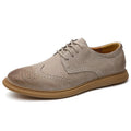 Men's low-top lace-up business shoes in genuine cowhide leather, shown in grey, sand, black, and green colour options.