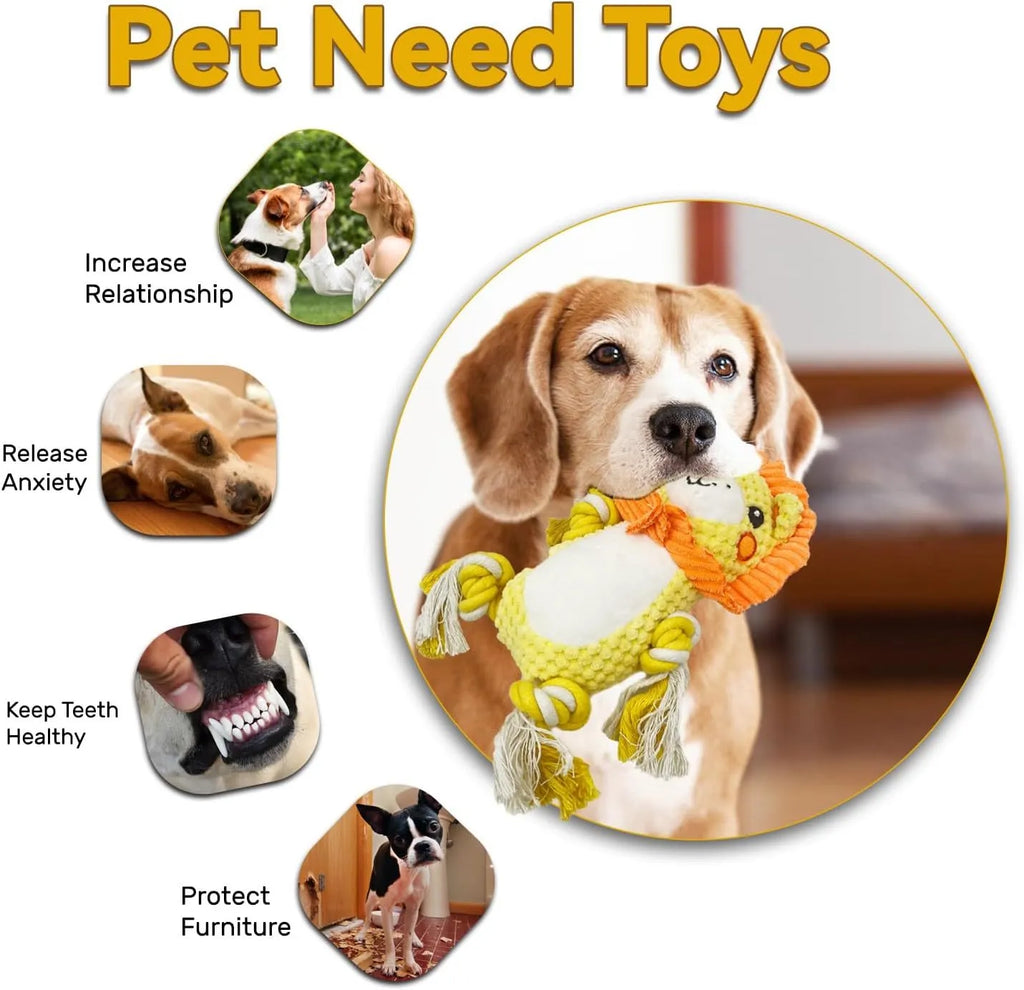 Lion and monkey plush squeaky dog toys bundle for medium and large dogs.