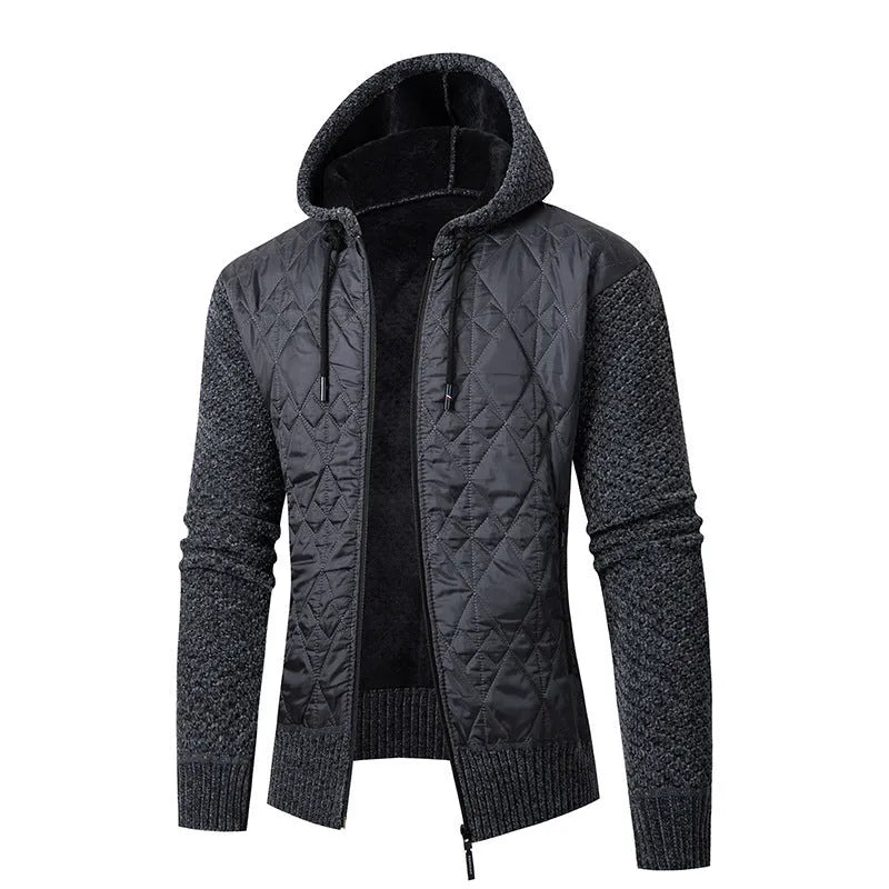 Men's gray corduroy hooded sweater coat with cinched waist worn as winter outerwear