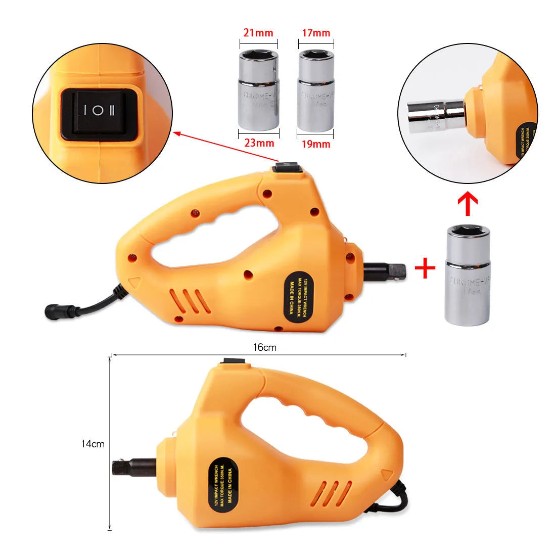 Yellow car electric jack set with electric wrench for 12V vehicle operation