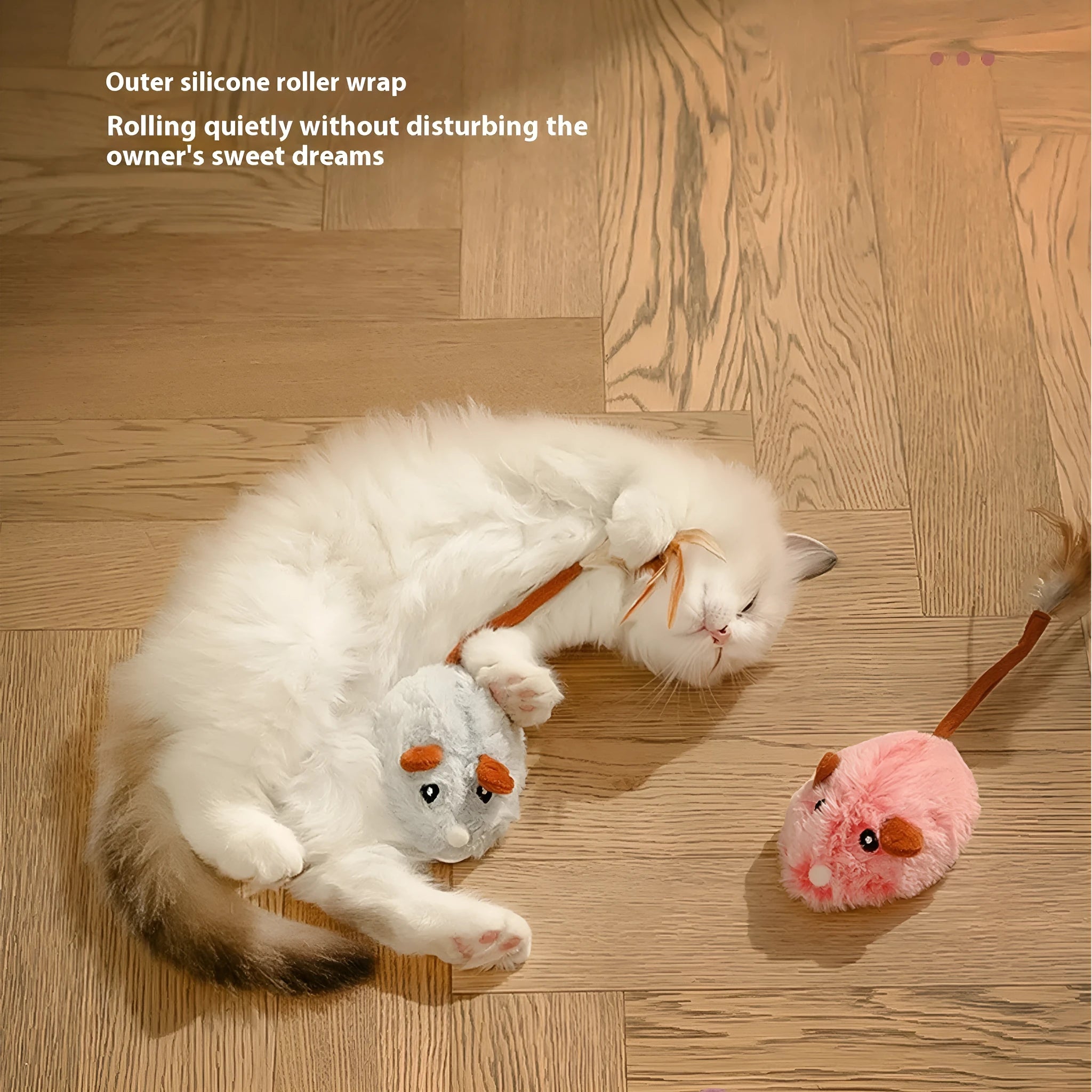 Electric cat toy with moving plush mouse on adjustable pole in pink, dark grey, or purple colours