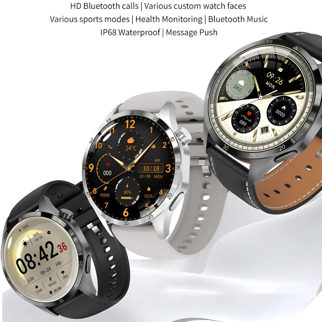 Black Bluetooth smartwatch with touch screen showing fitness stats, with silicone and Milan metal strap options.