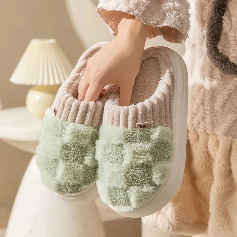 Women's plaid pattern plush indoor slippers with coral velvet upper and anti-slip sole in coffee colour.