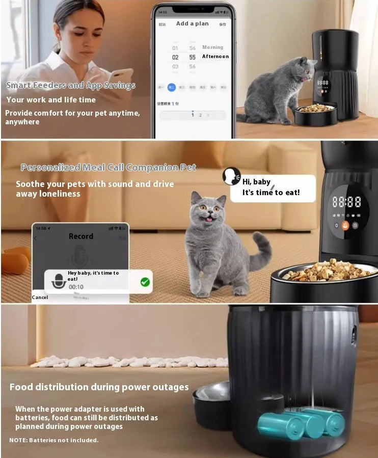 Black automatic pet feeder with digital display and food hopper for scheduled feeding