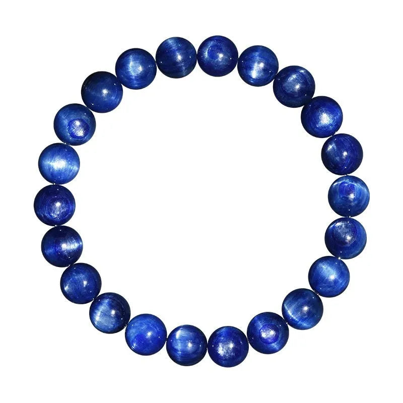 Polished grade 7A blue crystal bracelet with geometric ruyi design, shown in single circle and piece sizes.