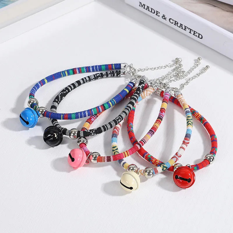 Ethnic style adjustable pet collar with bell in various colours for cats and small dogs