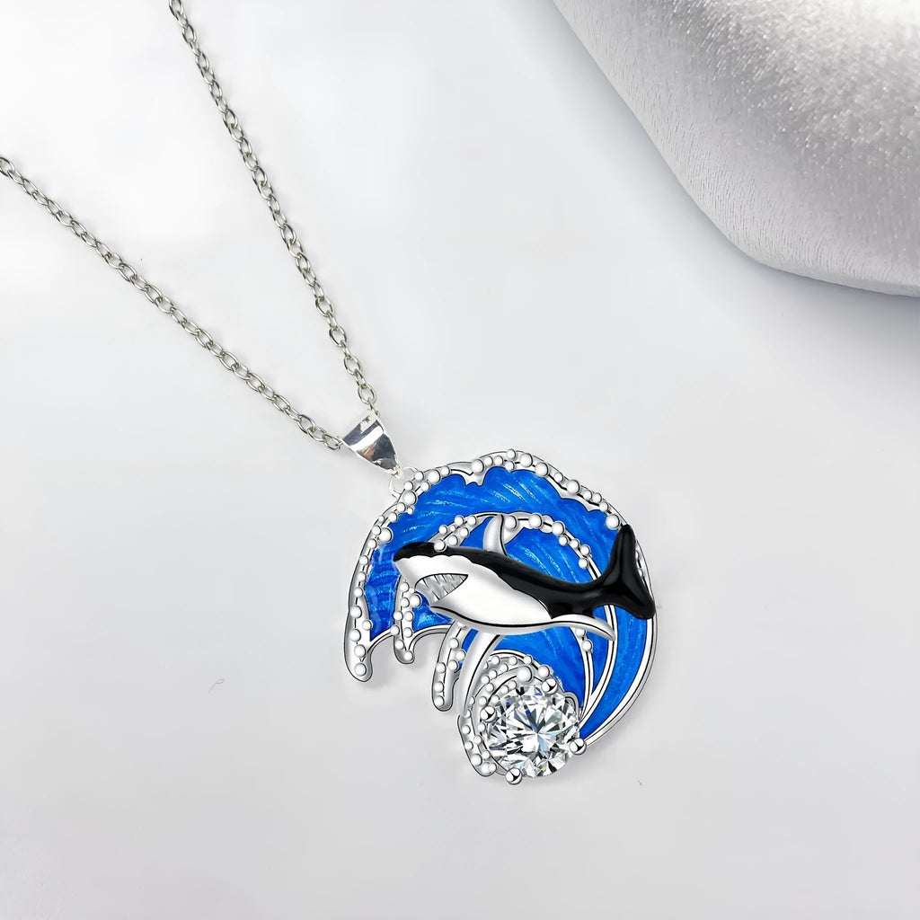 Shark women's necklace with copper animal pendant and cross chain, electroplated finish, 41-50cm length