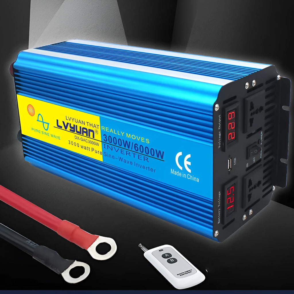 Blue 3000W pure sine wave car power inverter with digital display and UK socket.