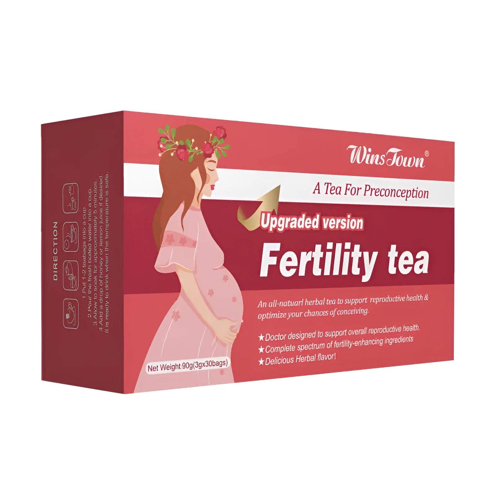 Box of fertility health tea containing 330 individual bags packaged as 3 units of 30 bags