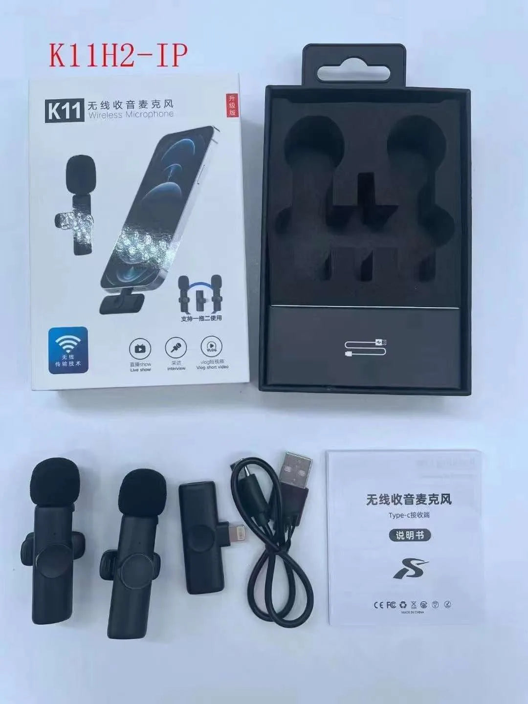 Wireless collar clip microphone for smartphones, showing clip design and available connection options.