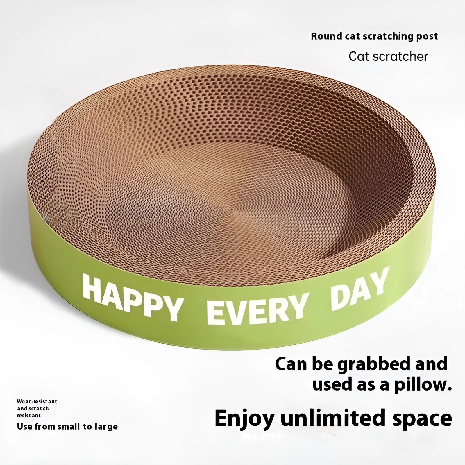 Green round cat scratching board nest showing wear-resistant surface and nest shape.