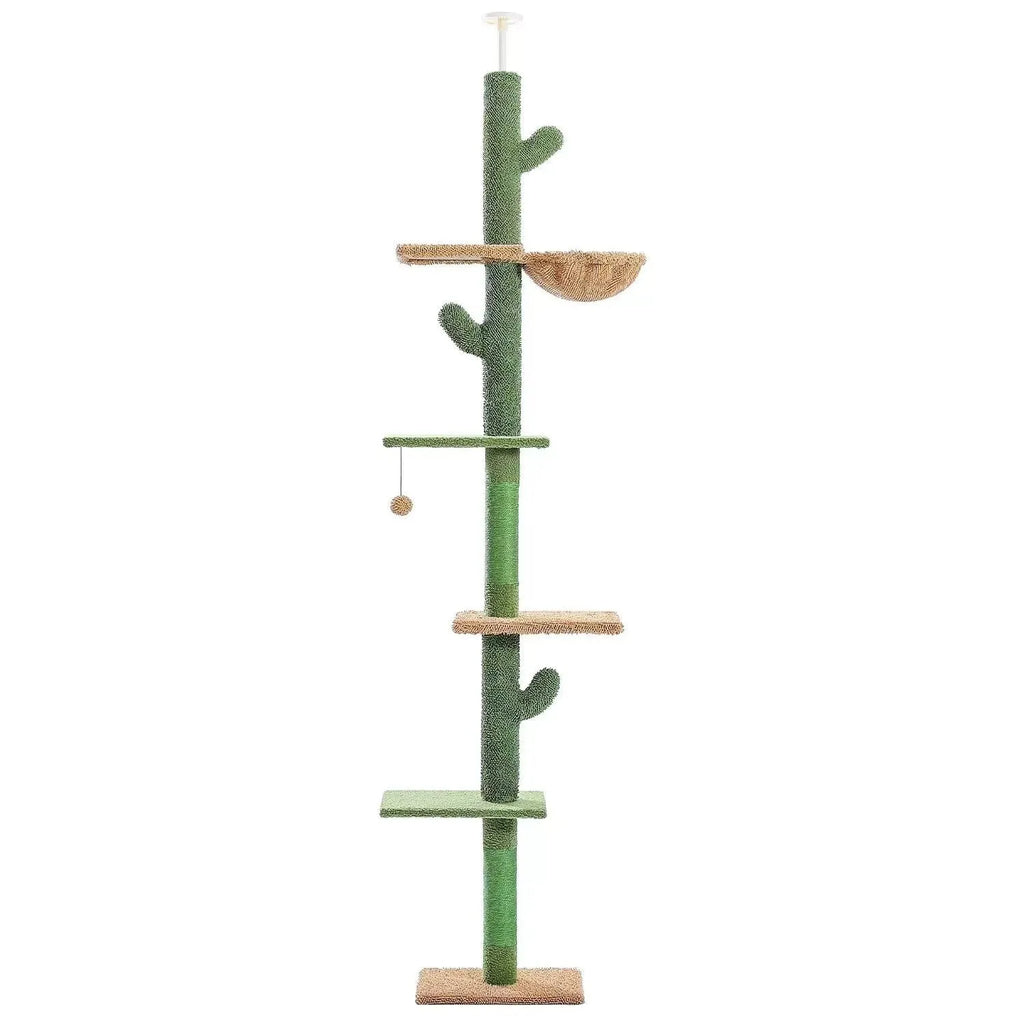 Tall solid wood cat climbing frame with integrated scratching board and toy