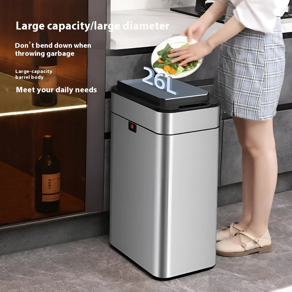 Stainless steel inductive smart trash can with square design and 26+ litre capacity