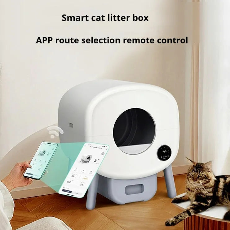 White automatic cat litter box with control panel and waste storage compartment for self-cleaning pet toilet