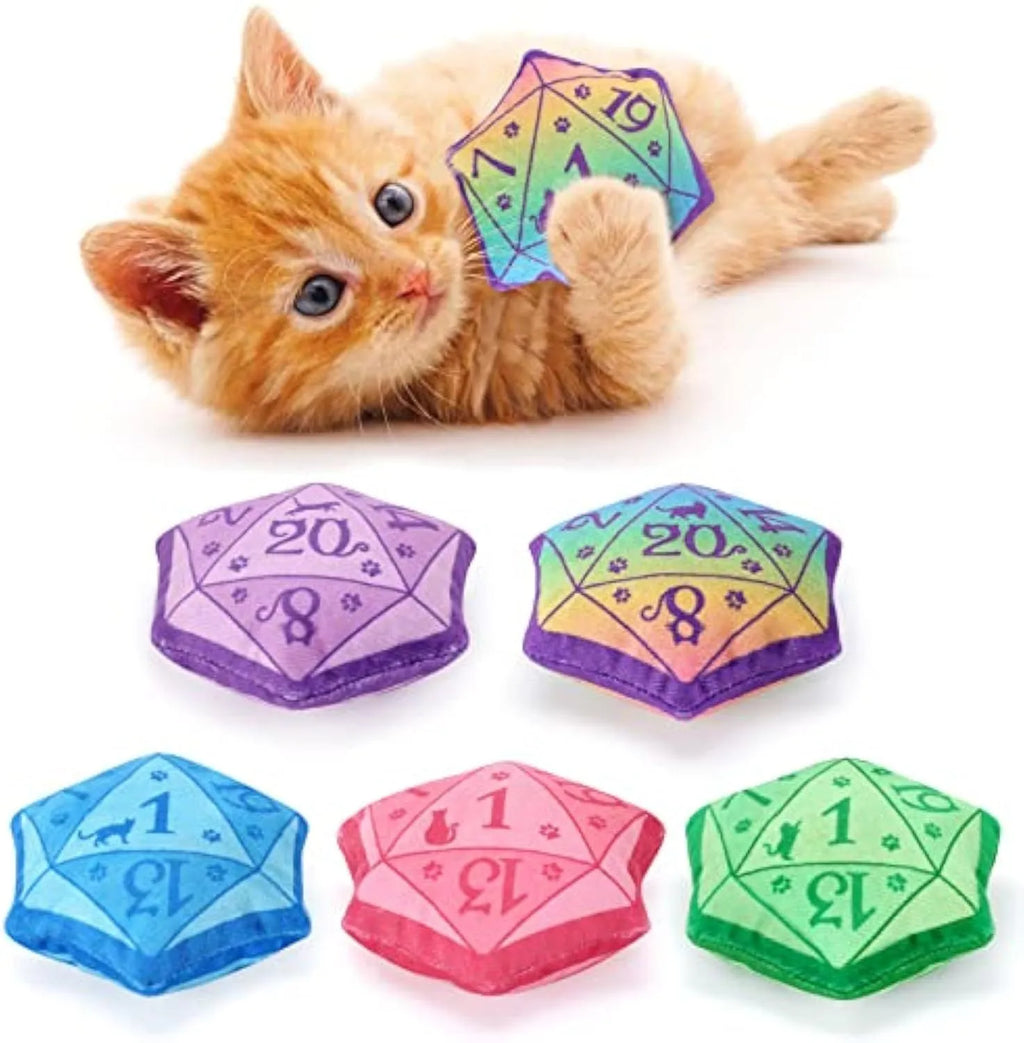 Soft plush DND dice cat toy with organic catnip filling in multiple colour options