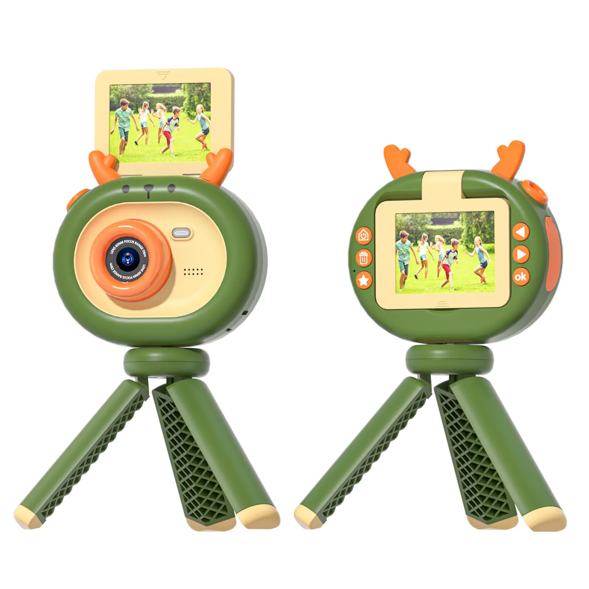 Purple and dark green children's digital camera with flip screen showing dimensions 9.8 x 7.9 x 3.8 cm