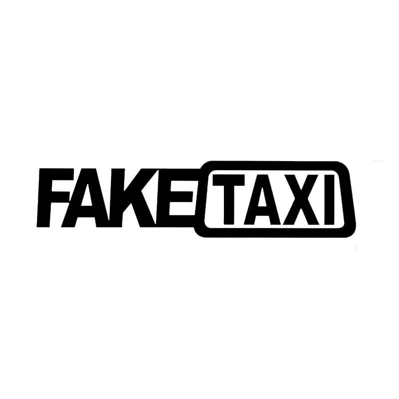 Waterproof black FAKE TAXI car sticker on a vehicle windshield, showing 20x8cm size.