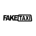 Waterproof black FAKE TAXI car sticker on a vehicle windshield, showing 20x8cm size.