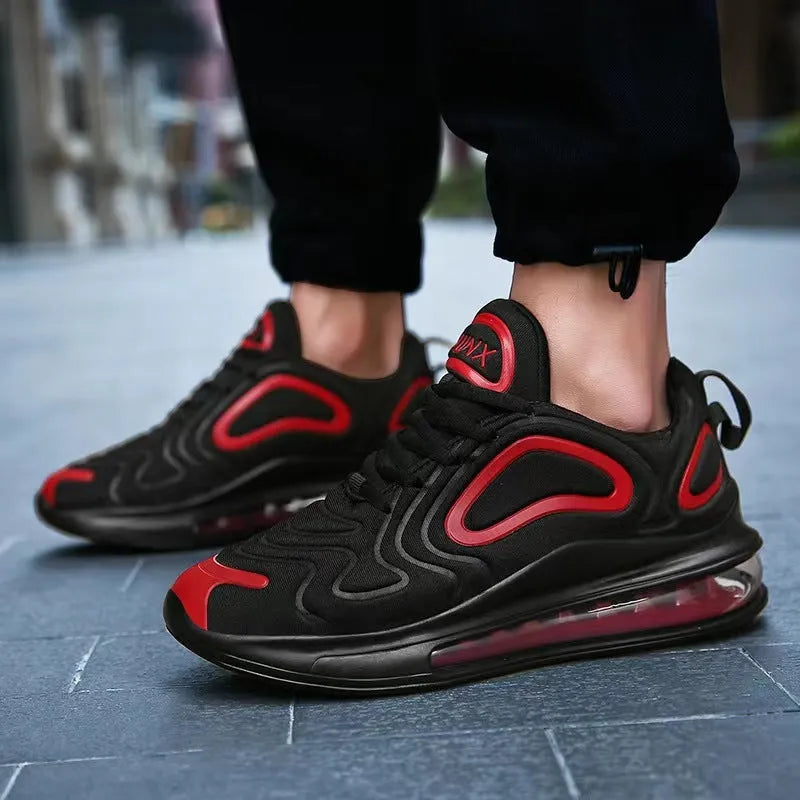 Men's black lace-up air cushion running shoes with a thick sole and round toe.