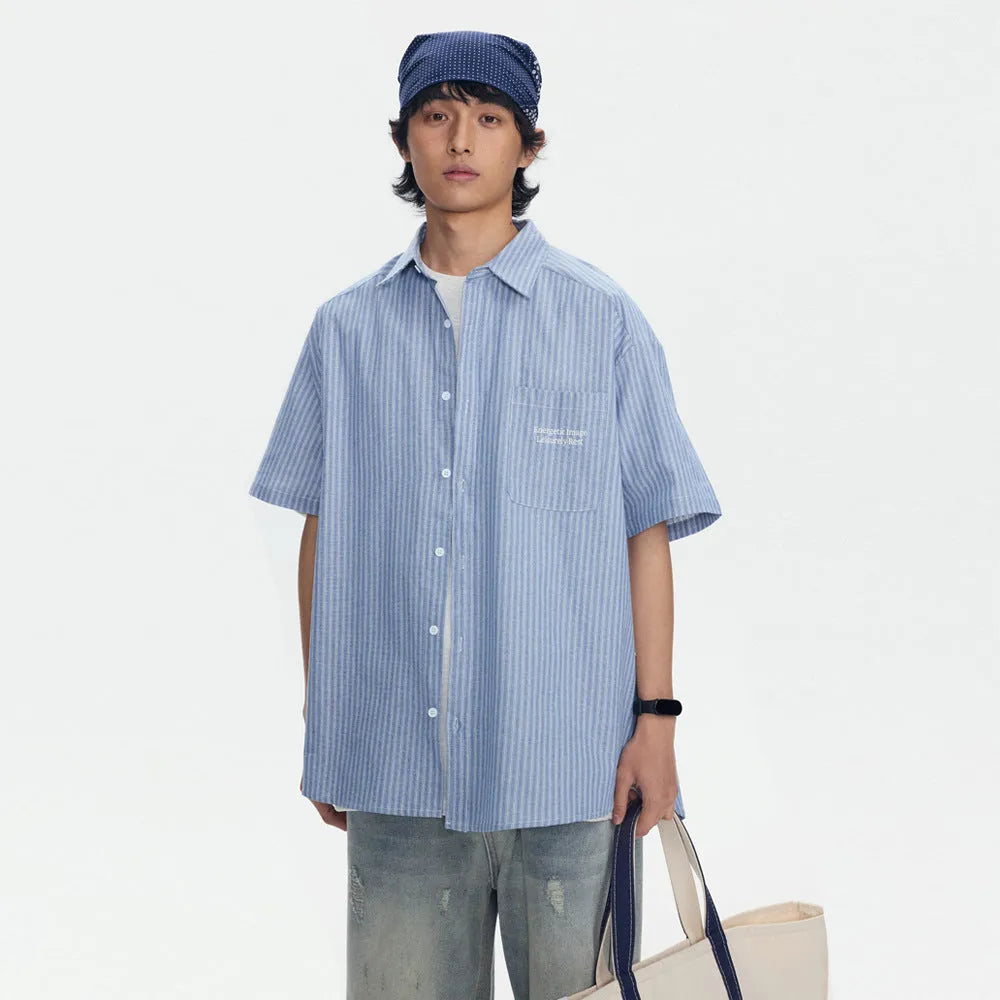 Blue striped short-sleeved overalls shirt in loose cardigan style for men and women