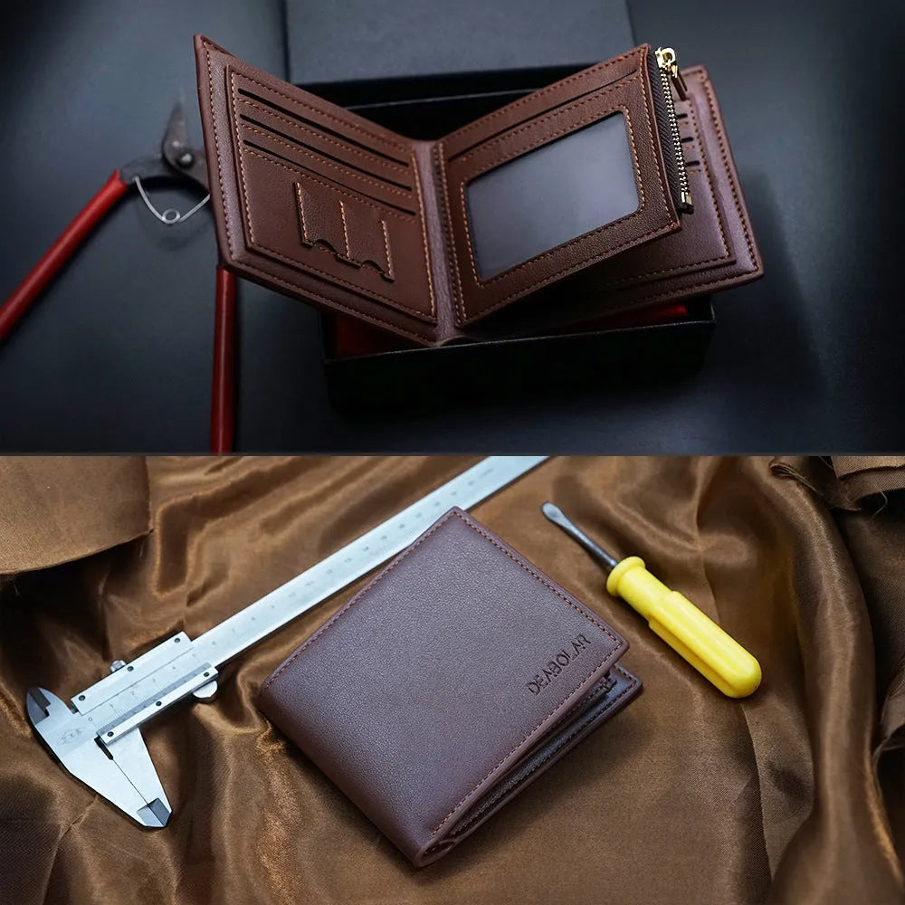 Men's brown leather wallet with a silver zip closure, shown closed and ready for gifting.