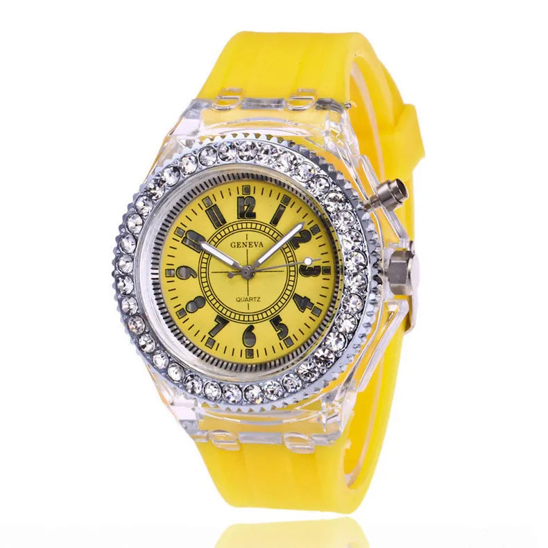 Women's LED luminous quartz watch with round 43mm alloy case and silicone strap in multiple colour options