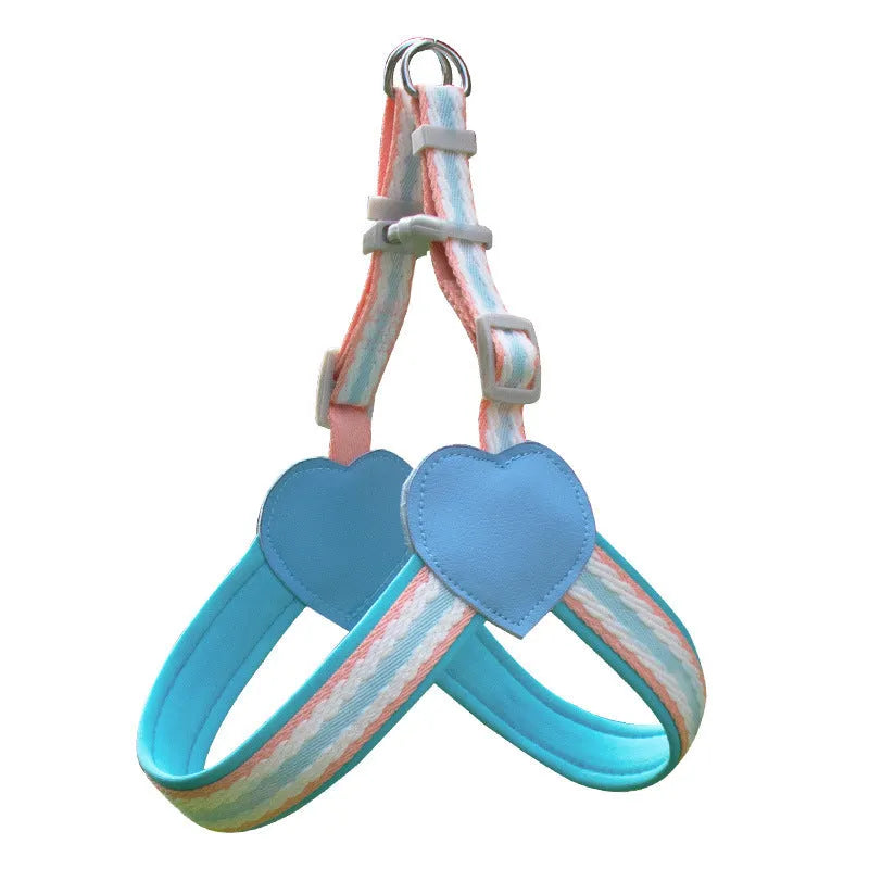 Nylon dog walking chest strap with hand holding rope in various colours and sizes