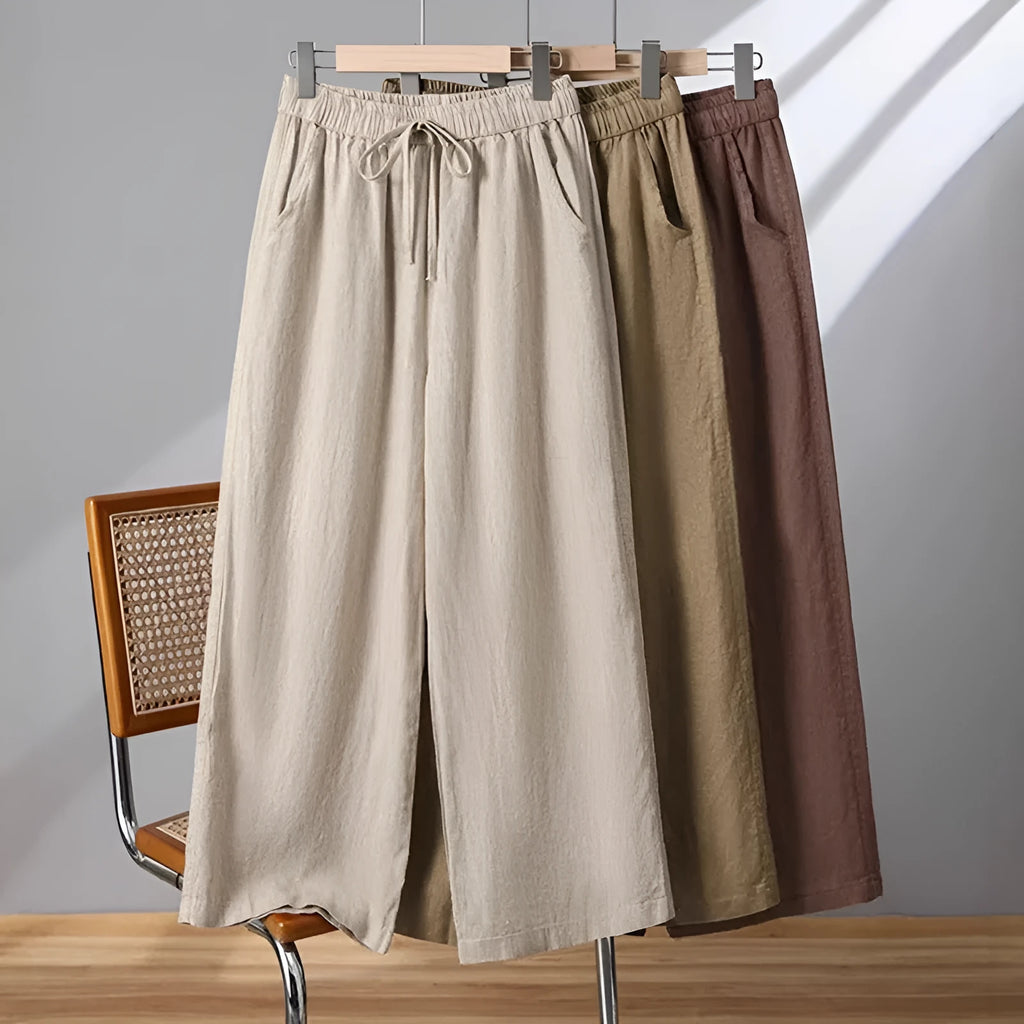 Women's straight-leg casual pants with elastic drawstring waist in four colour options