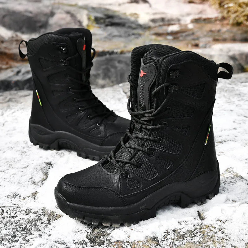 Men's cowhide hi-top hiking shoes in beige, a breathable platform sneaker for outdoor activities.