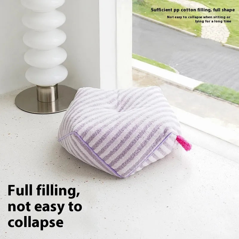 Striped soft velvet pet bed for dogs with removable washable cover in orange, purple, and yellow colours.