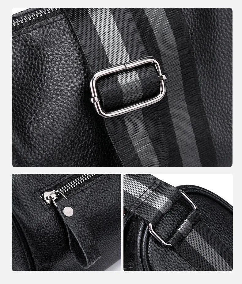 Black genuine leather crossbody bag with polyester lining measuring 24x16x13cm