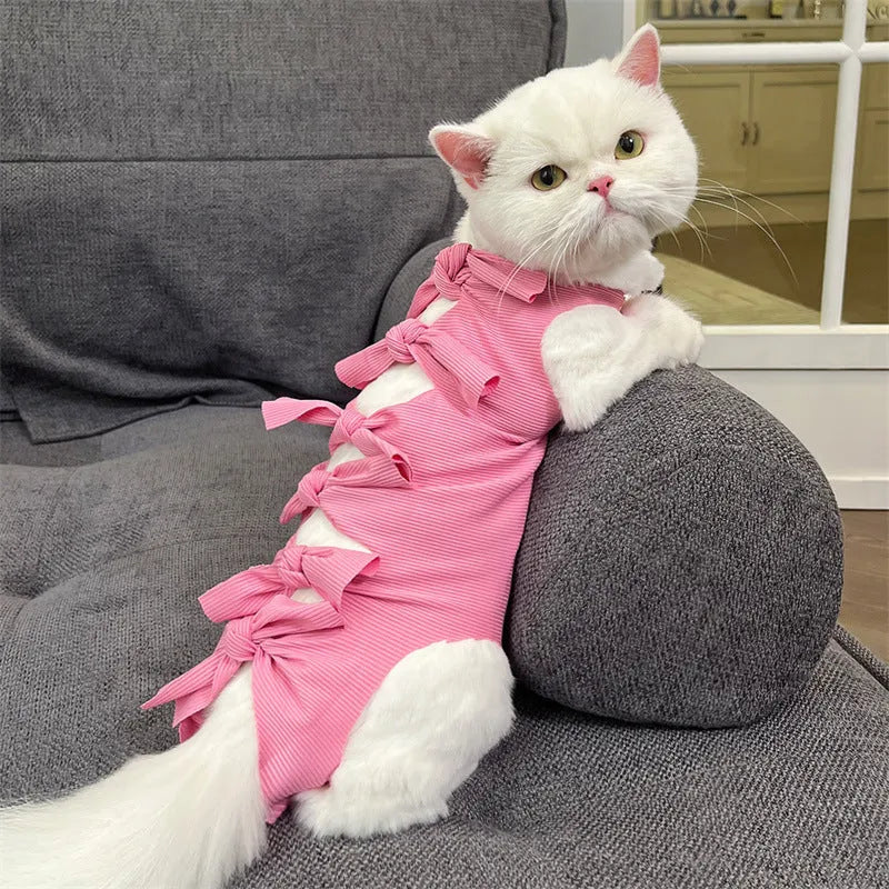 Lace-up polyester cat sterilisation recovery suit in assorted colours on a size chart