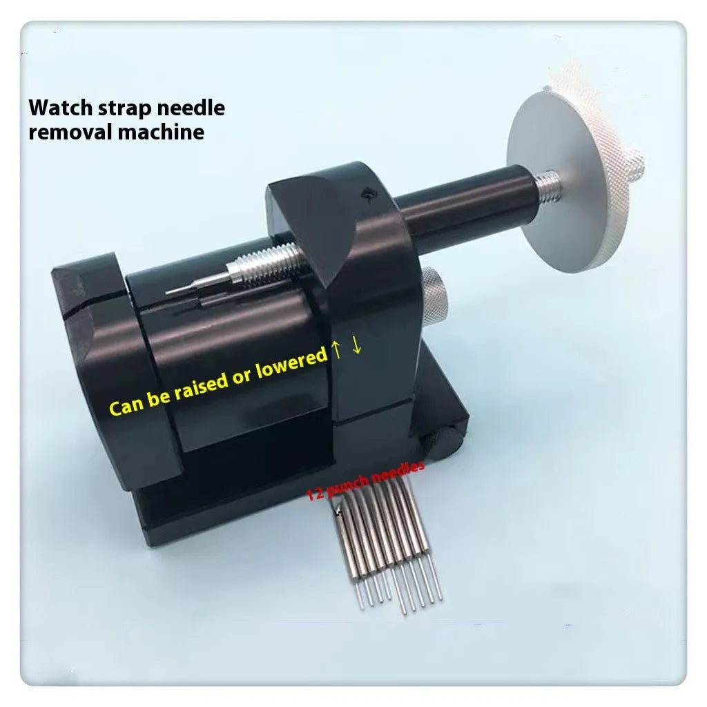 Alloy steel watch strap stripping machine tool on a workbench for watch repair.