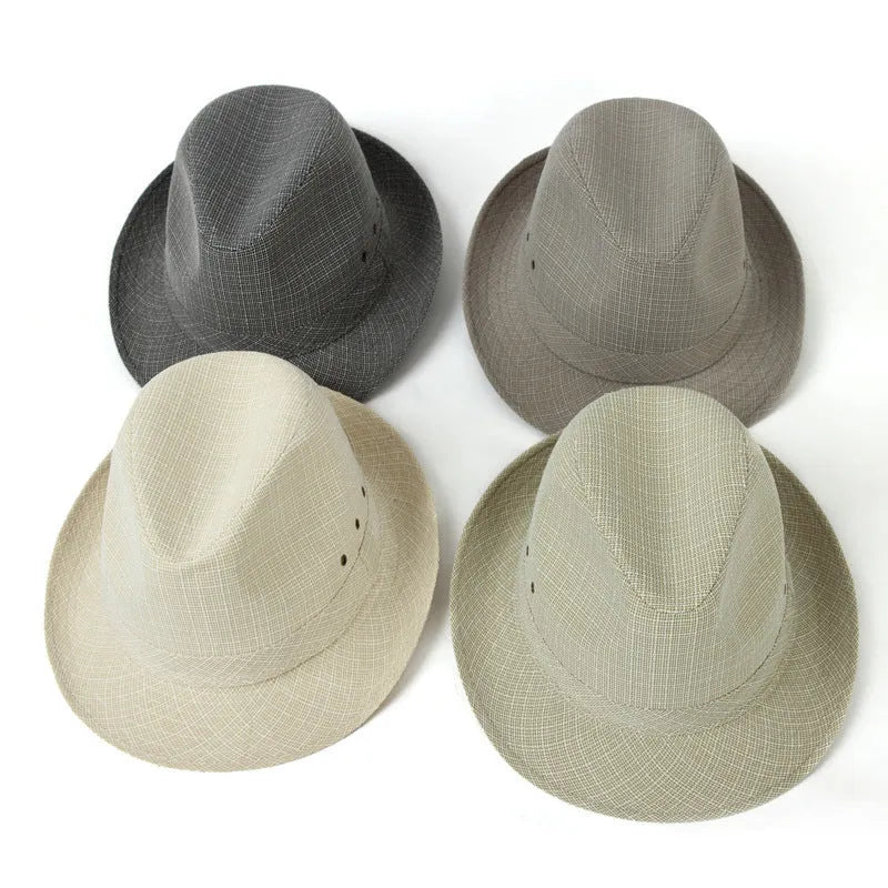 Men's thickened suit material fedora hat shown in multiple colours including black, navy blue, and hemp beige