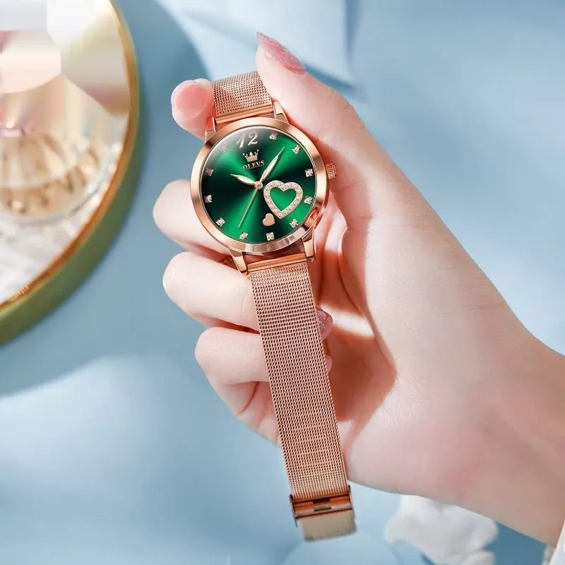 Rose shell alloy women's watch with mesh strap in six dial colour variations