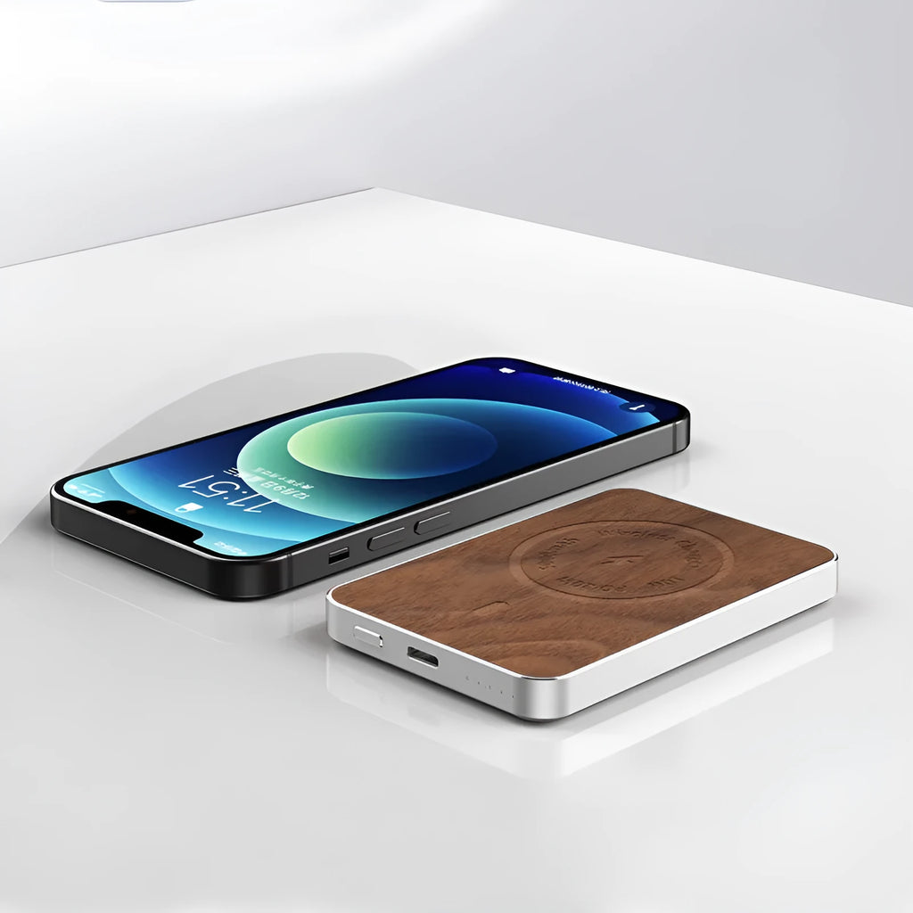 Khaki coloured magnetic wireless charging power bank with USB port showing dimensions