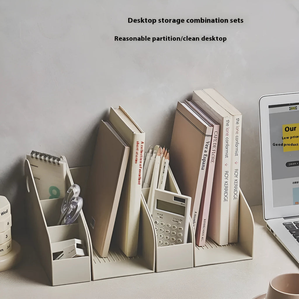 Plastic desktop storage box with 2-layer grid shelf in milk coffee colour