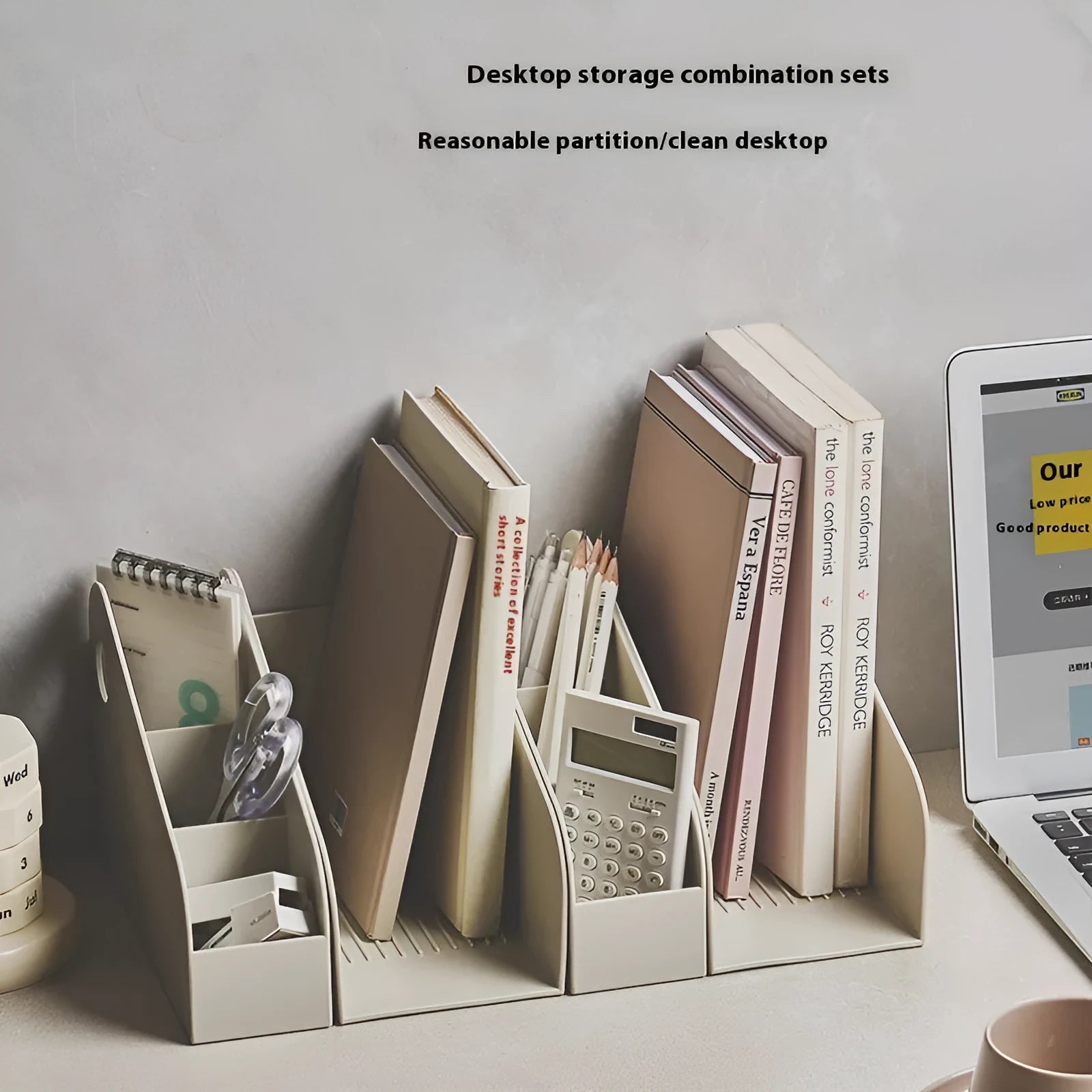 Plastic desktop storage box with 2-layer grid shelf in milk coffee colour