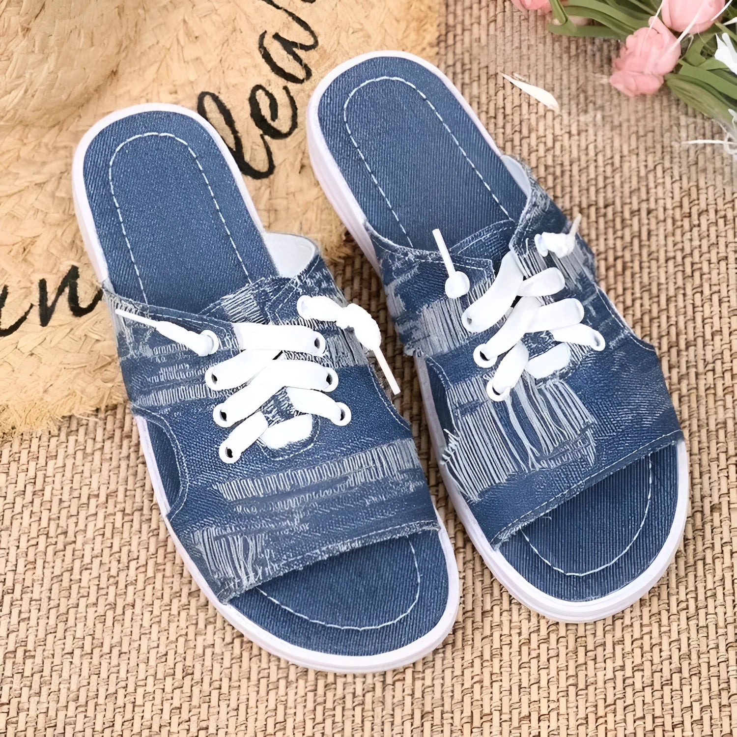 Blue Roman-style women's canvas slippers with cloth upper and rubber sole